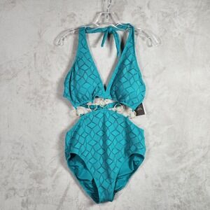 Vince Camuto One Piece Swimsuit Womens 12 Lagoon‎ Teal Crochet Cutout Monokini